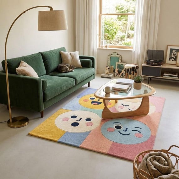 Hand Tufted Wool Smiley Face Rug, Pastel Cartoon Nursery Area Rug