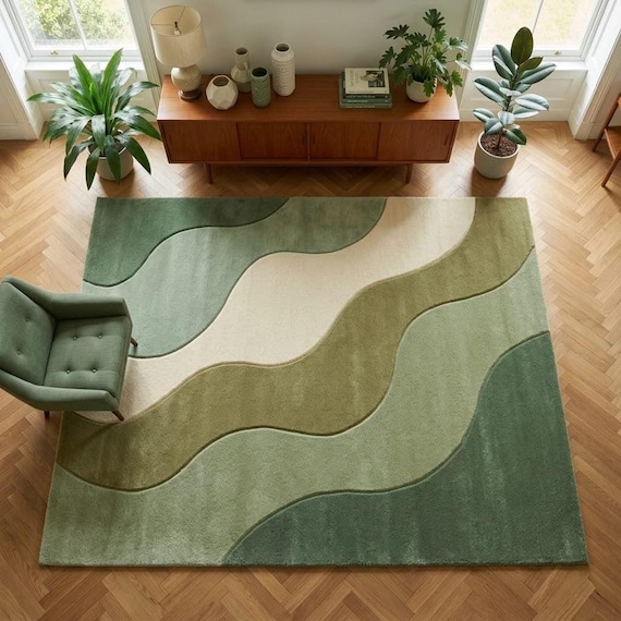 Abstract Green Wool Rug, Hand Tufted Modern Area Rug, Mid Century Organic Wave Design for Living Room, Custom Size Available