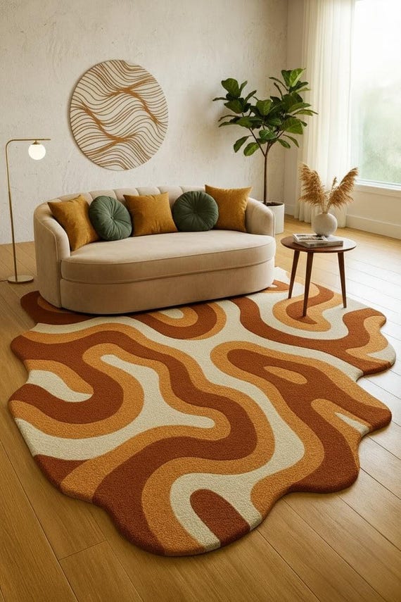 Retro Wave Wool Area Rug, Orange Beige Wavy Carpet, Groovy Boho Design