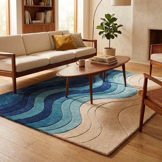 Modern Wave Area Rug Hand Tufted New Zealand Wool Blue Beige Abstract Rug Mid Century Luxury Living Room Carpet 8x10 9x12 Custom Size