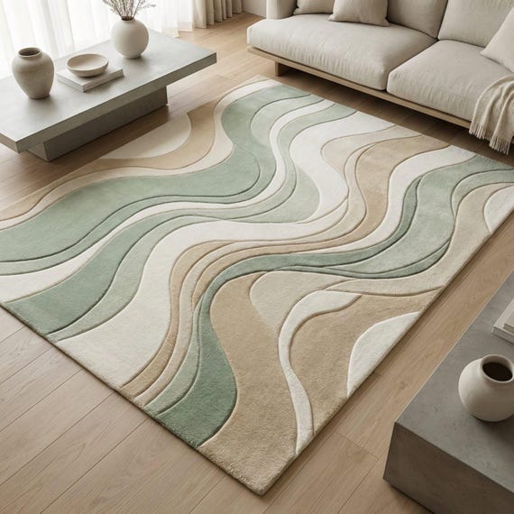 Hand Tufted Wool Rug: Modern Wave Design, Sage Green & Beige