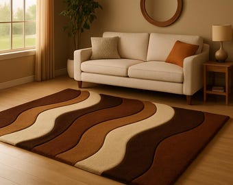 Hand-Tufted Wool Area Rug – Brown Beige Wavy Abstract Carpet