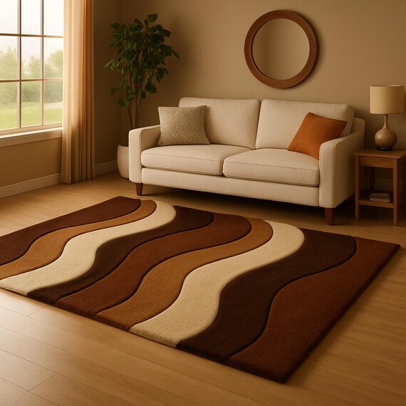 Hand-Tufted Wool Area Rug – Brown Beige Wavy Abstract Carpet