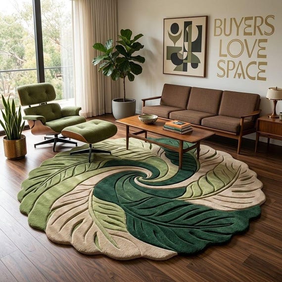 Handmade Round Wool Rug, Botanical Leaf Spiral Area Rug, Modern Green Accent Rug for Living Room, Bedroom & Nursery, Custom Sizes Available