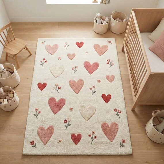 Heart Area Rug Hand Tufted Wool Cream Pink Floral Romantic Boho Plush Living Room Carpet 8x10 9x12 Custom Size Available