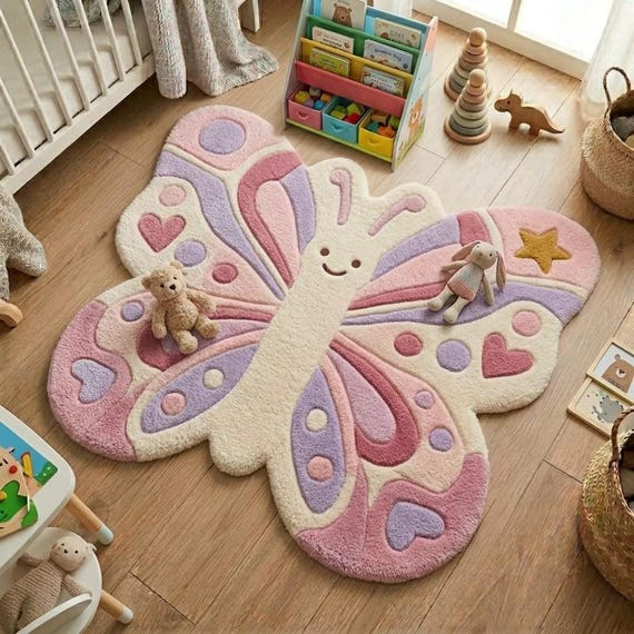 Hand-Tufted Butterfly Smile Rug – Soft Pink, Lilac & Cream Wool Nursery Decor – Artistic Kids Room Accent Rug, Unique Geometric Play Mat
