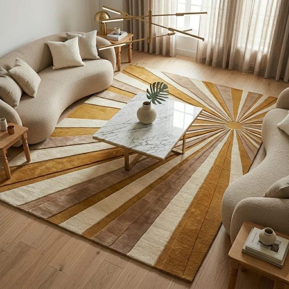 Hand Tufted Wool Sunburst Rug, Mid Century Modern Mustard Beige Abstract Carpet