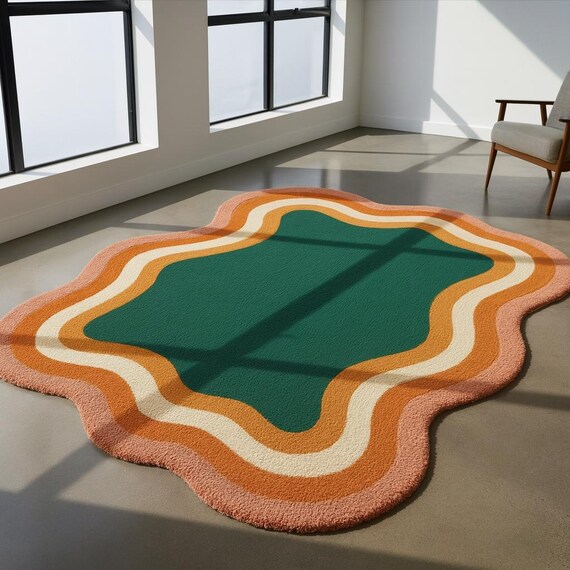 Handmade Wool Wavy Rug, Green Orange Abstract, Mid-Century Modern