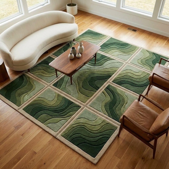 Green Abstract Wool Area Rug Mid Century Modern Hand Tufted New Zealand Wool Plush Living Room Carpet 8x10 9x12 Custom Size