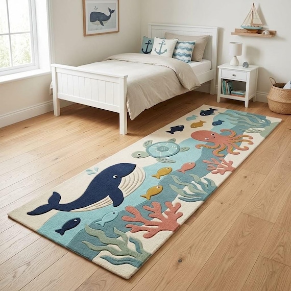 Kids Ocean Runner Rug, Hand Tufted Wool Nursery Decor, Cute Whale Under The Sea Bedroom Rug, Coastal Playroom Carpet, Custom Size Available