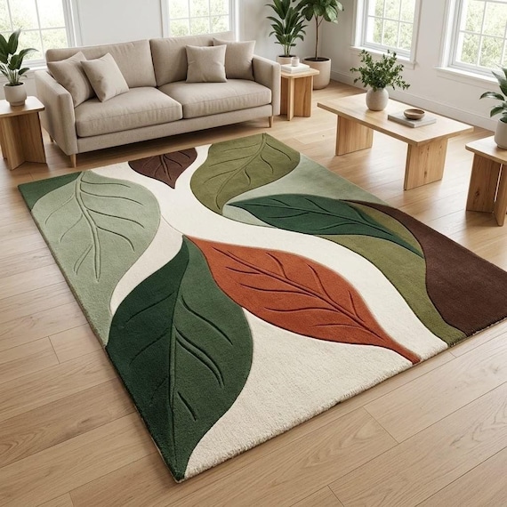 Hand Tufted Wool Leaf Rug, Sage Green Botanical Area Carpet, Modern Nature Inspired Living Room Rug, Custom Size Available
