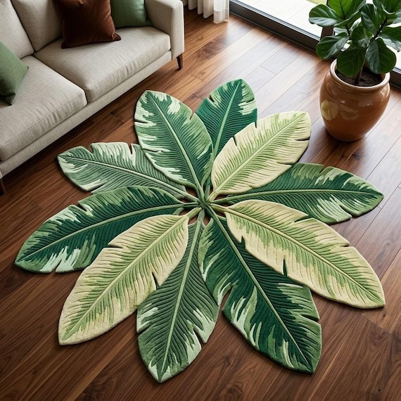 Hand Tufted Wool Leaf Rug, Tropical Botanical Green Cream Area, Organic Modern Living Room