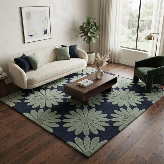 Hand Tufted Wool Rug | Modern Floral Area Rug in Navy Blue & Sage Green | Mid Century Style Living Room Carpet - Custom Sizes Available