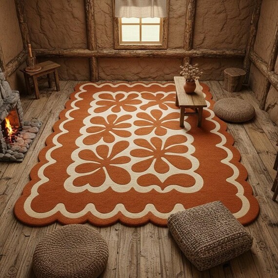 Hand-Tufted Wool Rug | Retro Orange Flower, Scalloped Edge