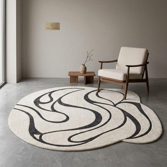 Abstract Ivory Black Wool Rug, Hand Tufted Modern Organic Shape Rug, Minimalist Living Room Bedroom Rug, Custom Size Available
