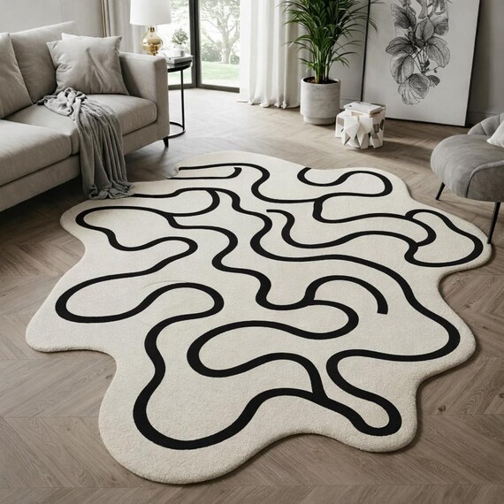 Abstract Wavy Line Area Rug Modern Handmade Plush Neutral Living Room Statement Carpet Decor