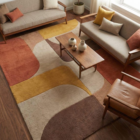 Hand Tufted Wool Rug: Mid Century Modern Geometric Design