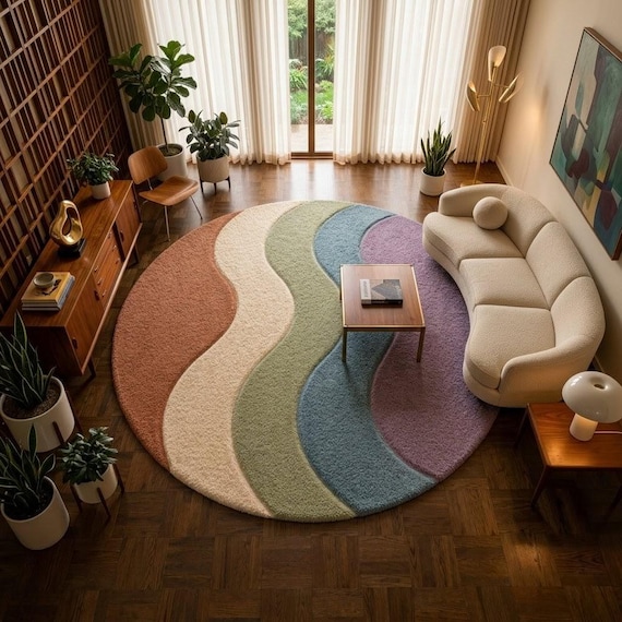 Hand-tufted Wool Wave Rug, Organic Modern Japandi Scandinavian Decor, Pastel Area Rug