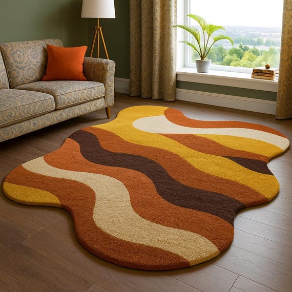 Retro Wavy Wool Rug, Irregular Abstract Carpet, Handmade