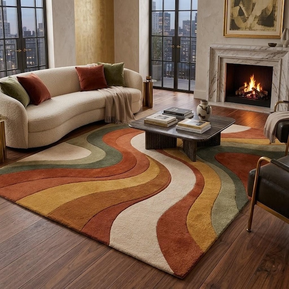 Abstract Wave Rug, Mid Century Modern Wool Rug, Boho Earth Tone Area Rug for Living Room Bedroom, Hand Tufted Custom Size