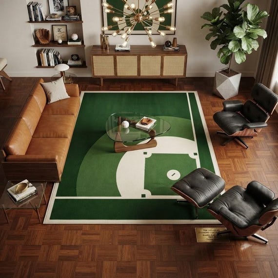 Modern Green Baseball Rug, Hand Tufted Wool Blend, Abstract Sports Field Decor for Living Room, Game Room, Office, Custom Size Available