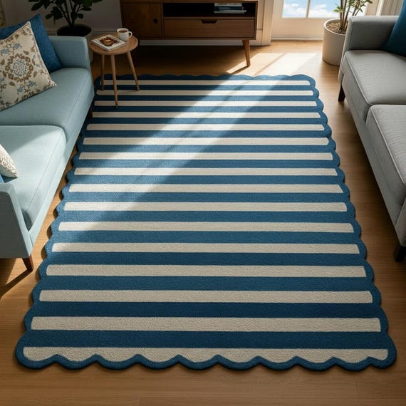 Hand Tufted Blue Stripe Rug, Scalloped Edge Area Rug, Modern Coastal Living Room Wool Carpet