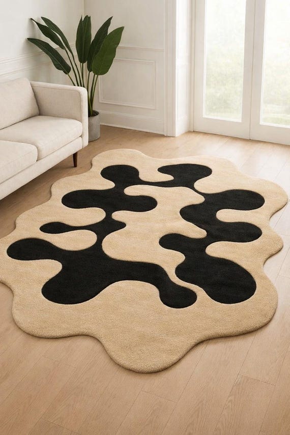 Abstract Organic Shape Rug | Modern Beige  Black Area Carpet | Minimalist Contemporary Floor Rug for Living Room Bedroom