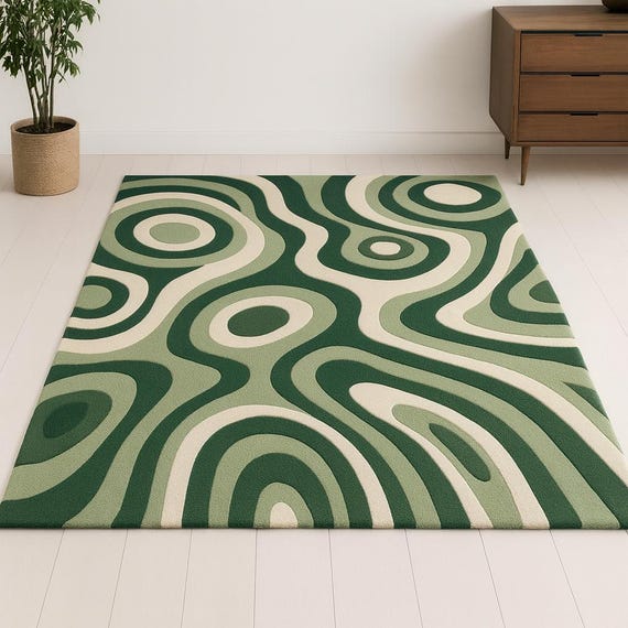 Green Swirl Wool Rug | Mid-Century Modern Abstract Carpet