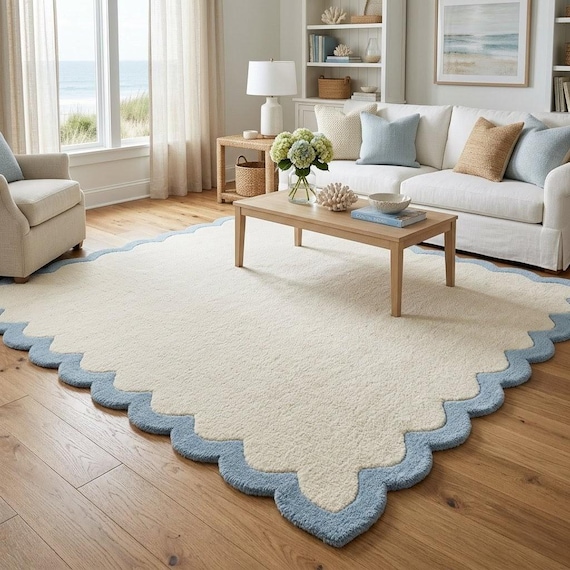 Scalloped Border Rug, Hand Tufted Wool Area Rug, Ivory Blue Scandinavian Minimalist Nursery Living Room Rug, Custom Size Available