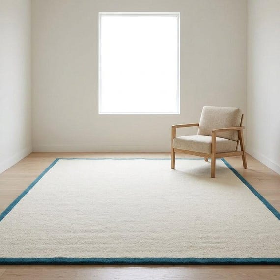 Modern Border Wool Rug, Cream and Teal Area Rug, Minimalist Living Room Decor, Hand Tufted Rug, Custom Size Wool Carpet, Luxury Bedroom Rug