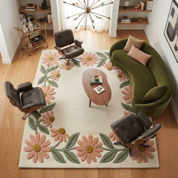 Handmade Floral Wool Rug | Botanical Boho Area Rug for Living Room  Bedroom | Pastel Daisy Tufted Carpet | Modern Custom Size Available