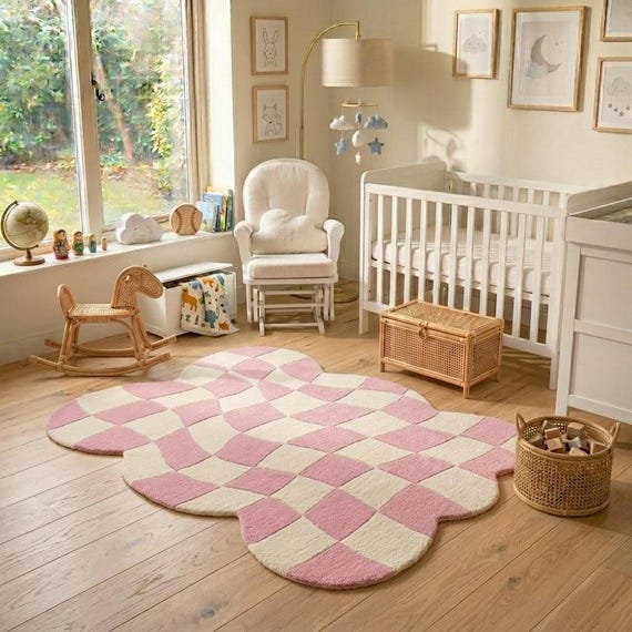Pink Checkered Rug, Hand Tufted Wool Area Rug, Scandinavian Nursery Decor, Modern Wavy Rug for Living Room Custom Size