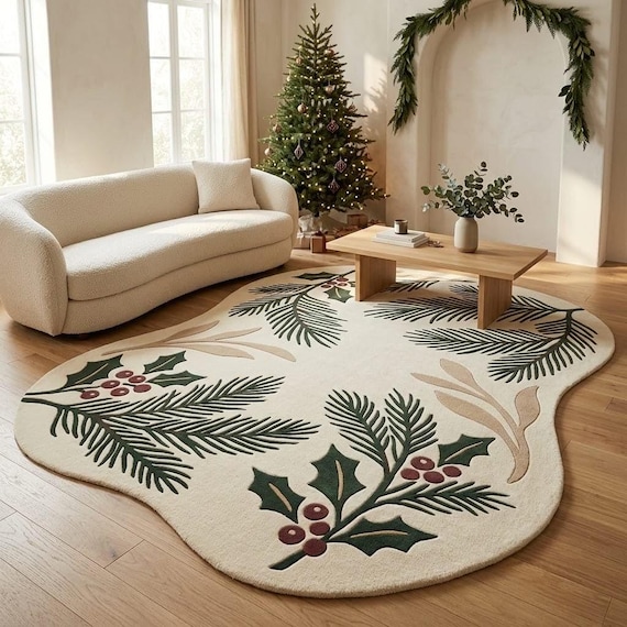Organic Shaped Holiday Holly Berry Rug, Unique Green & Cream Botanical Wool Area Rug, Mid Century Modern Christmas Floor Mat