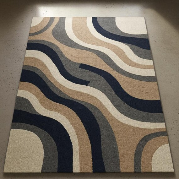 Handmade Wool Area Rug | Modern Wave Pattern, Neutral Tones