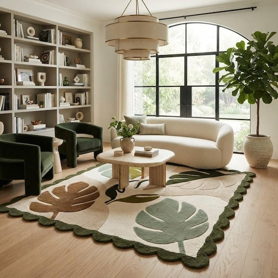 Hand Tufted Botanical Leaf Rug, Modern Abstract Monstera Area Rug, Earth Tone Wool Rug for Living Room, Boho Scalloped Edge Nursery Decor