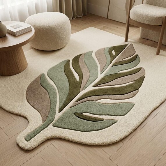 Organic Leaf Rug, Handmade Wool Area Rug, Japandi Sculpted Rug, Scandinavian Modern Carpet, Neutral Green Rug, Custom Size 8x10 9x12