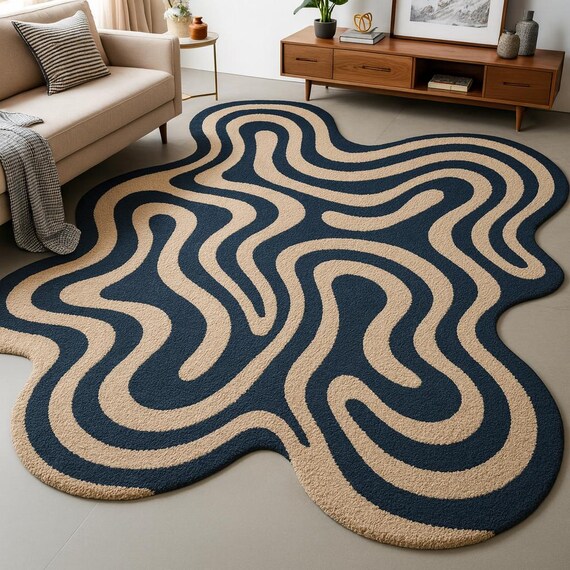 Modern Abstract Wave Shape Tufted Area Rug Blue Beige Handmade Soft Living Room Carpet