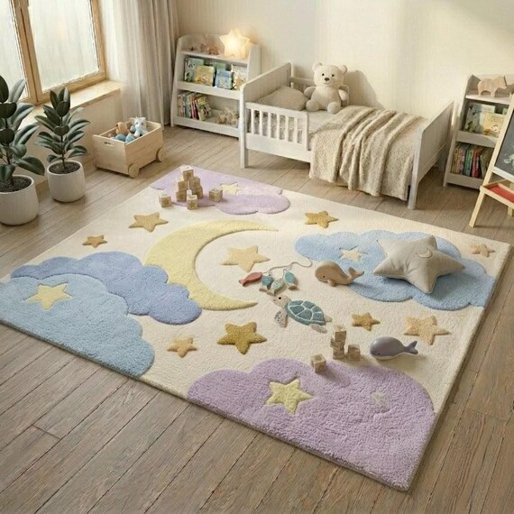 Hand-Tufted Wool Moon Star Nursery Rug, Pastel Cloud Playroom Carpet