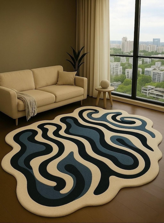 Abstract Wavy Wool Rug: Modern Irregular Carpet, Hand-Tufted