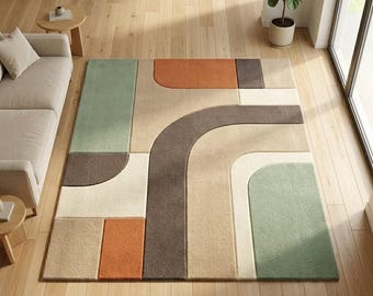 Hand Tufted Geometric Wool Rug, Sage Green Terracotta Mid Century Living Room Decor