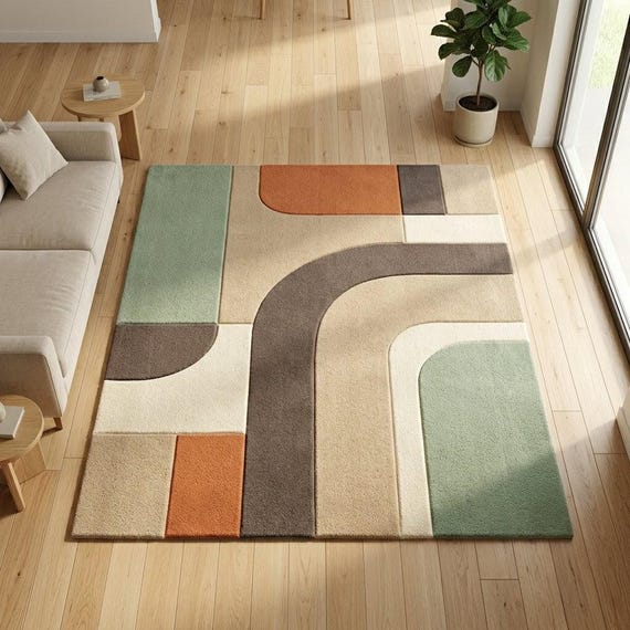 Hand Tufted Geometric Wool Rug, Sage Green Terracotta Mid Century Living Room Decor