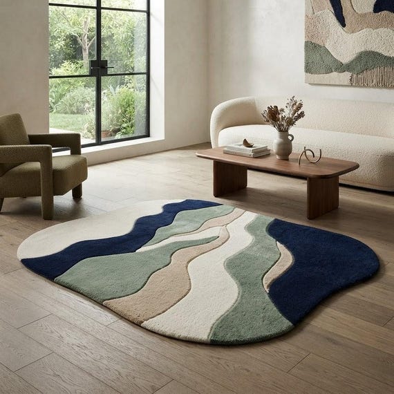 Organic Shaped Navy Blue and Sage Green Rug - Modern Abstract Wool Area Rug - Hand Tufted Designer Floor Carpet - Custom Sizes Available