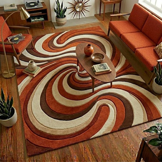 Mid Century Modern Abstract Swirl Rug, Rust Orange Brown Cream Wool Hand Tufted Rug, Retro Living Room Carpet, Custom Size Available