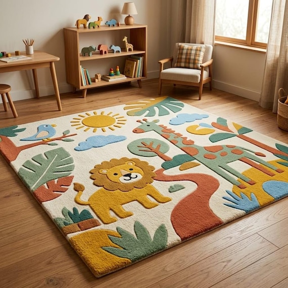 Safari Animal Kids Rug, Jungle Nursery Rug, Hand Tufted Wool Rug, Lion Giraffe Playroom Carpet, Boho Kids Room Decor Custom Size