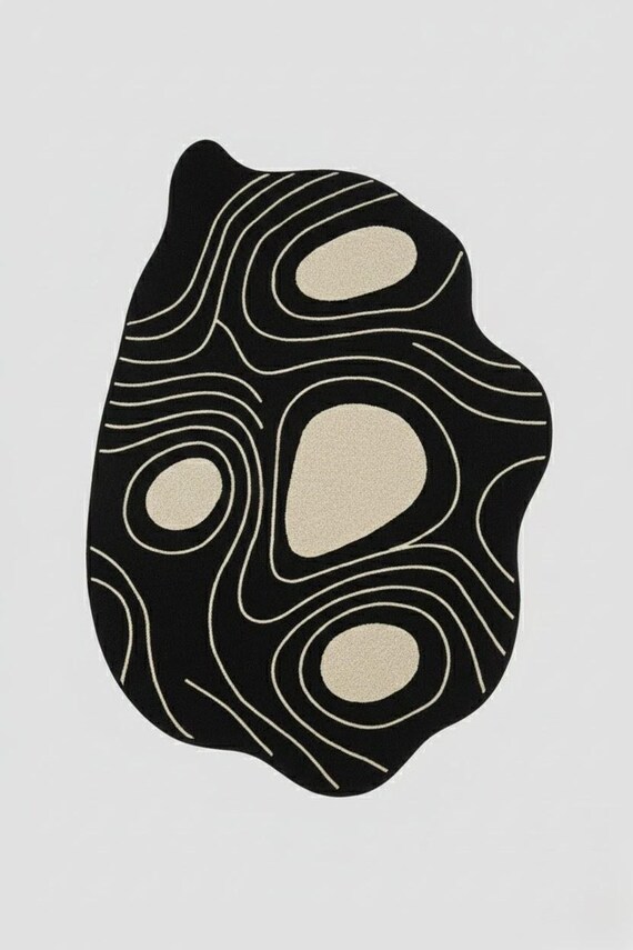 Abstract Contour Wool Rug, Black and Beige, Handmade