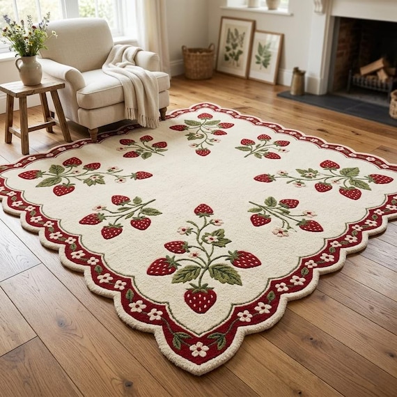 Hand Tufted Wool Strawberry Scalloped Rug, Cream Red Cottagecore Area Home