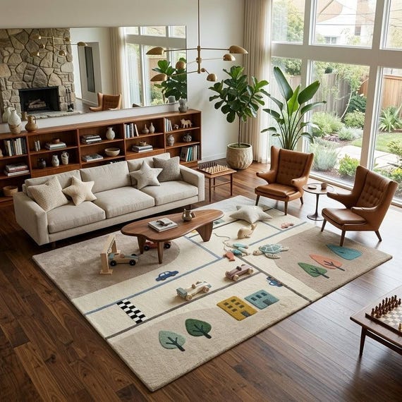 Hand-tufted Wool Play Rug, Modern Neutral Town Road Design, Plush Nursery Area Rug