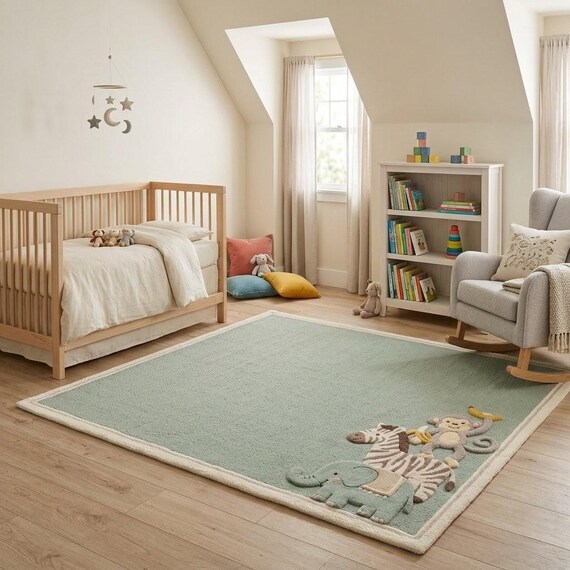 Sage Green Kids Rug, Animal Nursery Rug, Jungle Safari Rug, Hand Tufted Wool Area Rug, Playroom Decor, Living Room Rug, Custom Size
