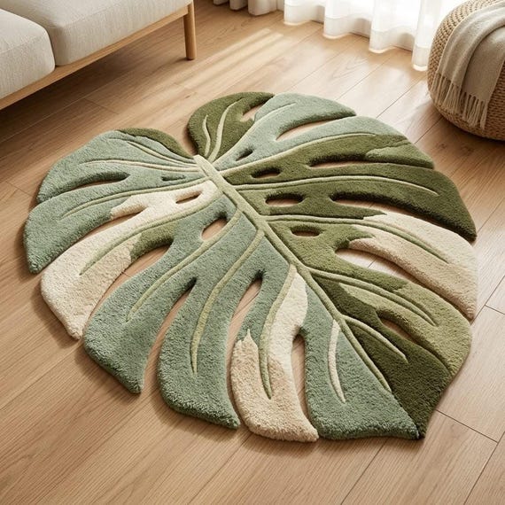 Monstera Leaf Rug, Handmade Wool Area Rug, Organic Modern Japandi Rug, Sculpted Green Botanical Carpet, Custom Size 8x10 9x12