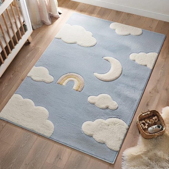Cloud Nursery Rug, Hand Tufted Wool Area Rug, Blue Sky Rainbow Moon Kids Room Decor, Plush Baby Nursery Carpet, Custom Size Available